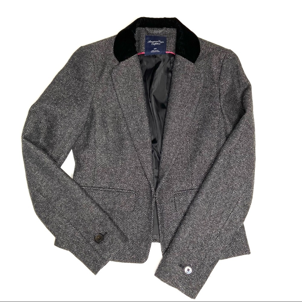 American Eagle Tweed Blazer with Velvet Collar